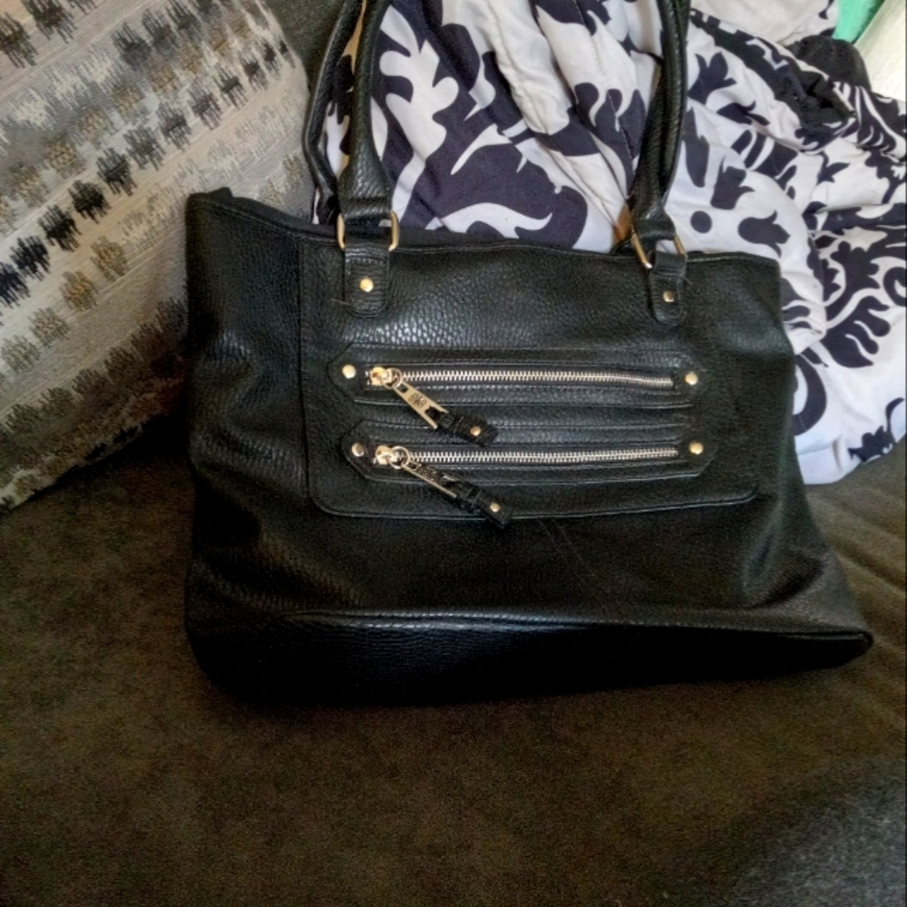 Black Faux Leather Double Zipper Shoulder Handbag
